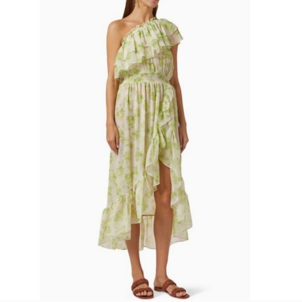 MSRP $395 Misa Rumi Dress Elegant Green Floral One-Shoulder Dress